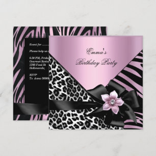 Invitación Fiesta de Cumpleaños Rosa Cebra Leopardo Elegante