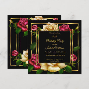 Invitación Fiesta de cumpleaños rosa crema roja floral oro ne