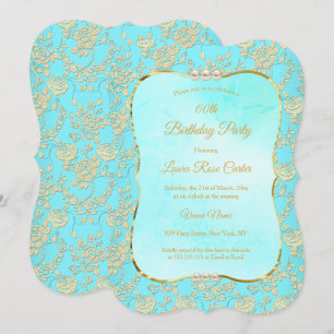 Invitación Fiesta de Cumpleaños Rosa Damasco Floral Turquesa 