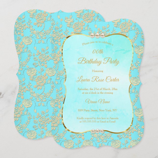 Invitación Fiesta de Cumpleaños Rosa Damasco Floral Turquesa  (Anverso / Reverso)