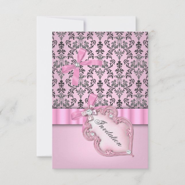Invitación Fiesta de Cumpleaños Rosa Damasco Gris Plateado (Anverso)