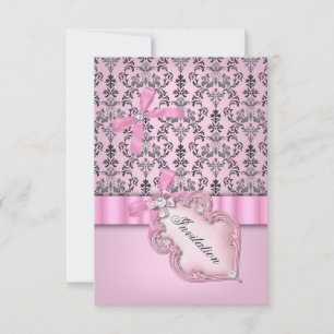 Invitación Fiesta de Cumpleaños Rosa Damasco Gris Plateado