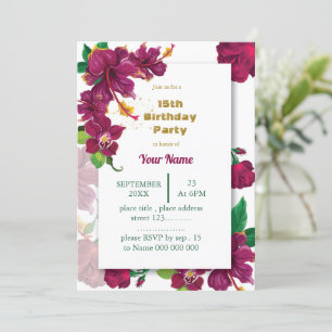 Invitación fiesta de cumpleaños rosa de flores de hibiscus bu