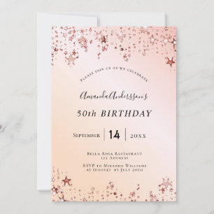 Invitación Fiesta de cumpleaños rosa de oro estrellas rosas d