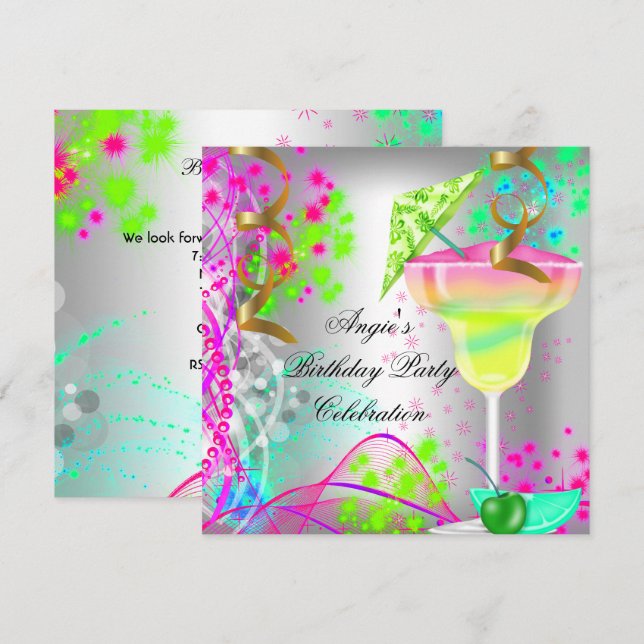 Invitación Fiesta de Cumpleaños Rosa de Verano Cóctel Colorid (Anverso / Reverso)