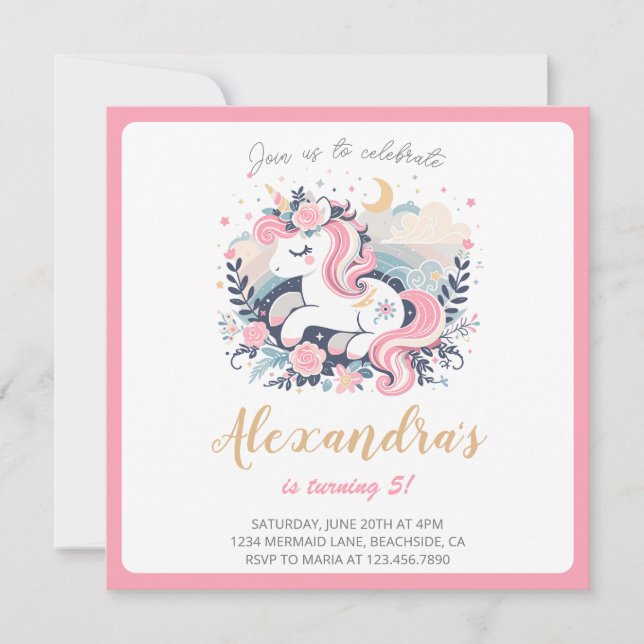 Invitación Fiesta de cumpleaños rosa del Chica unicornio mági (Anverso)