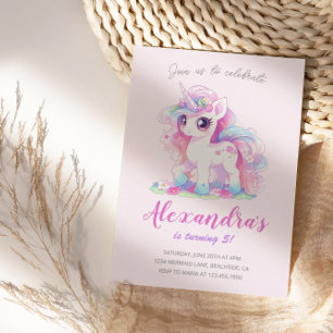 Invitación Fiesta de cumpleaños rosa del Chica unicornio mági