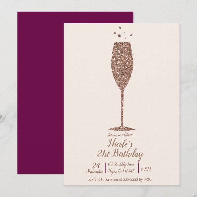 Invitación Fiesta de Cumpleaños Rosa Dorado Chic con Burbujas (Anverso / Reverso)
