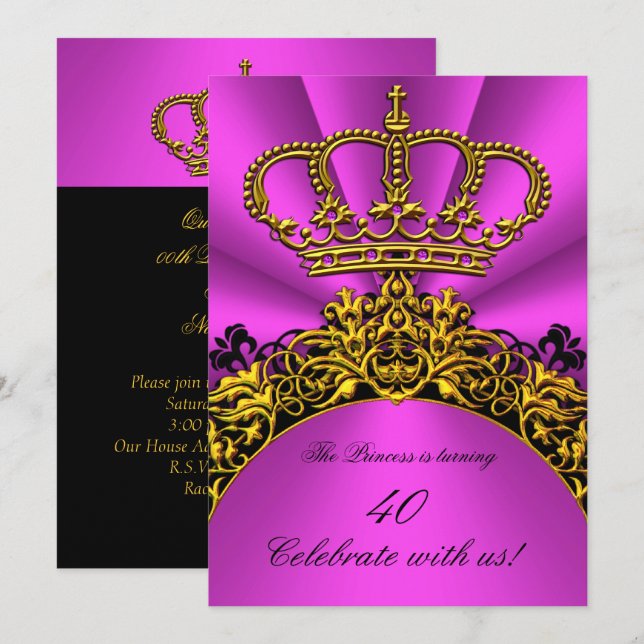 Invitación Fiesta de Cumpleaños Rosa Dorado Princesa Reina (Anverso / Reverso)