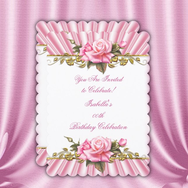 Invitación Fiesta de Cumpleaños Rosa Dorado Rosa Bonito Blanc (Subido por el creador)