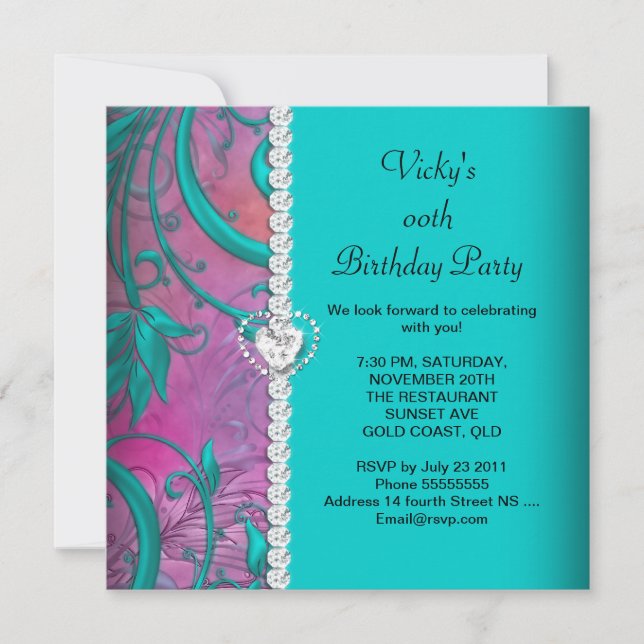 Invitación Fiesta de Cumpleaños Rosa Floral Turquesa Azul Bla (Anverso)