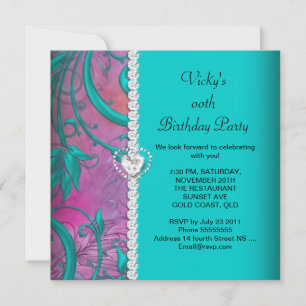 Invitación Fiesta de Cumpleaños Rosa Floral Turquesa Azul Bla