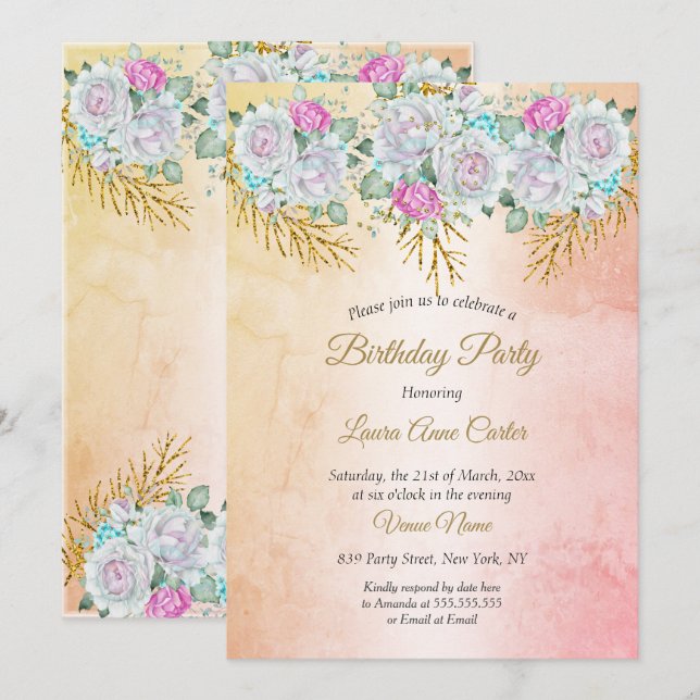 Invitación Fiesta de Cumpleaños Rosa Floral Turquesa Azul Dor (Anverso / Reverso)