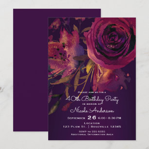 Invitación Fiesta de Cumpleaños Rosa Floral Vino Borgoña Púrp