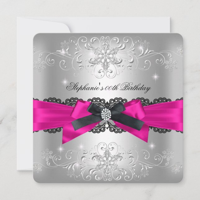 Invitación Fiesta de Cumpleaños Rosa Fucsia Arco Negro Brillo (Anverso)