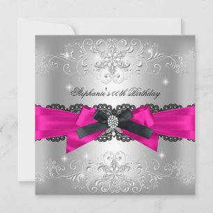 Invitación Fiesta de Cumpleaños Rosa Fucsia Lazo Negro Brillo