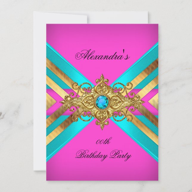 Invitación Fiesta de Cumpleaños Rosa Fucsia Turquesa Dorado d (Anverso)