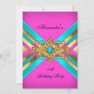 Invitación Fiesta de Cumpleaños Rosa Fucsia Turquesa Dorado d