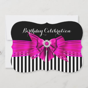 Invitación Fiesta de Cumpleaños Rosa Fuerte Negro Blanco Raya