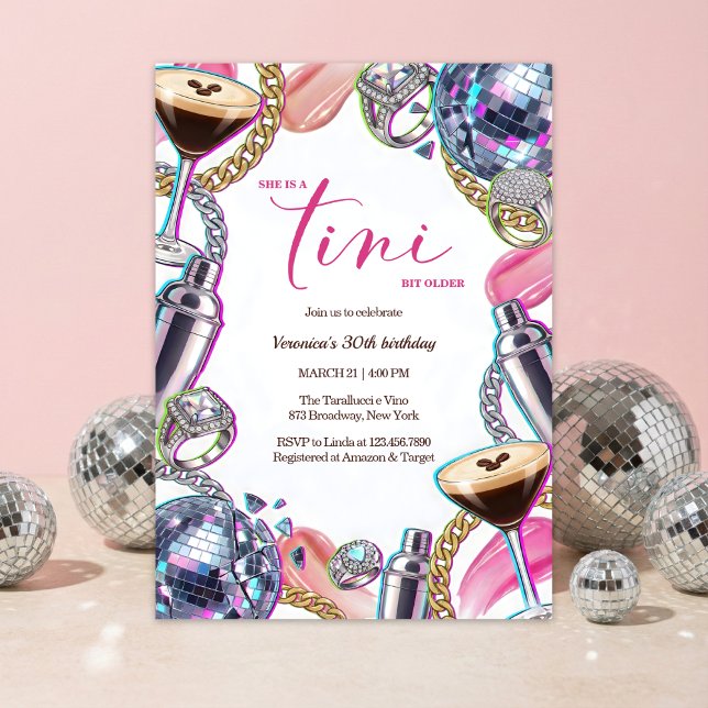 Invitación Fiesta de cumpleaños rosa Glam Disco Espresso Mart (A Tini Bit Older Espresso Martini Disco Glam Pink 30th Birthday Invitation)