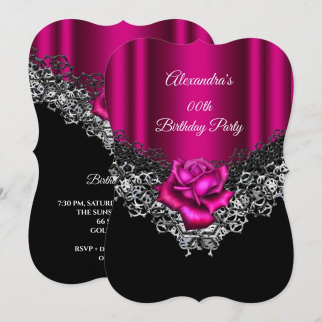 Invitación Fiesta de Cumpleaños Rosa Lace Negro Plateado (Anverso / Reverso)