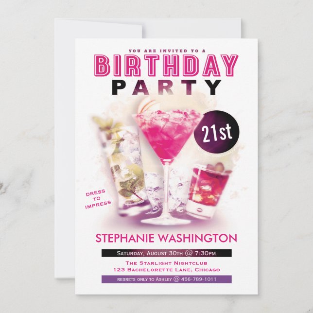 Invitación Fiesta de cumpleaños Rosa Martini y cócteles (Anverso)