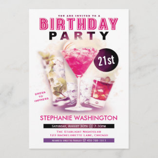 Invitación Fiesta de cumpleaños Rosa Martini y cócteles