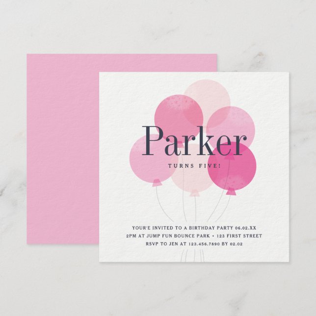 Invitación Fiesta de Cumpleaños Rosa Moderno Ramo de Globos (Anverso / Reverso)
