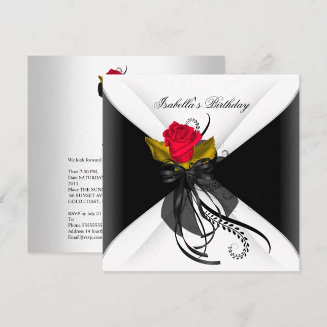 Invitación Fiesta de Cumpleaños Rosa Negra Blanca Roja (Anverso / Reverso)