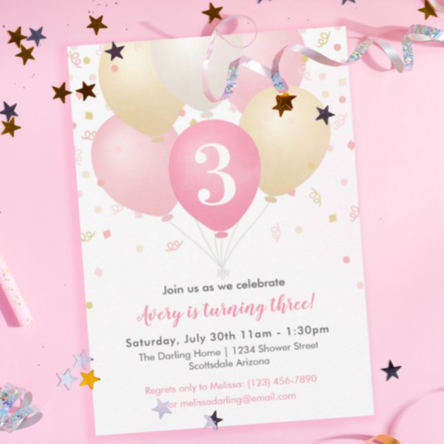 Invitación Fiesta de cumpleaños rosa, oro y globos blancos (Subido por el creador)