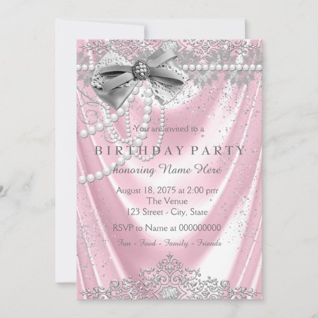 Invitación Fiesta de Cumpleaños Rosa Perla Satinado Rosa Gris (Anverso)
