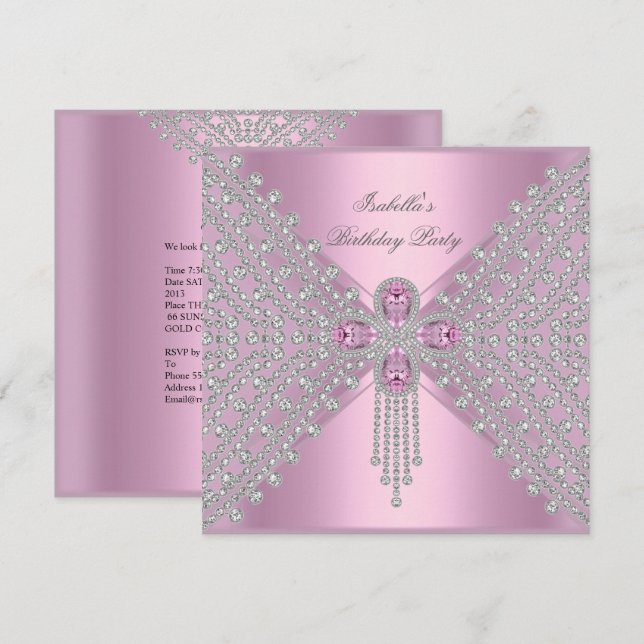 Invitación Fiesta de Cumpleaños Rosa Plata Blanco Diamante (Anverso / Reverso)