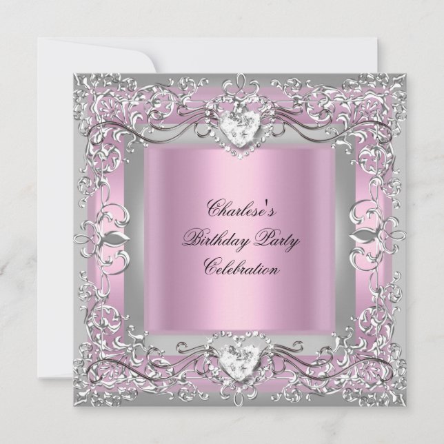 Invitación Fiesta de Cumpleaños Rosa Plata Diamante (Anverso)