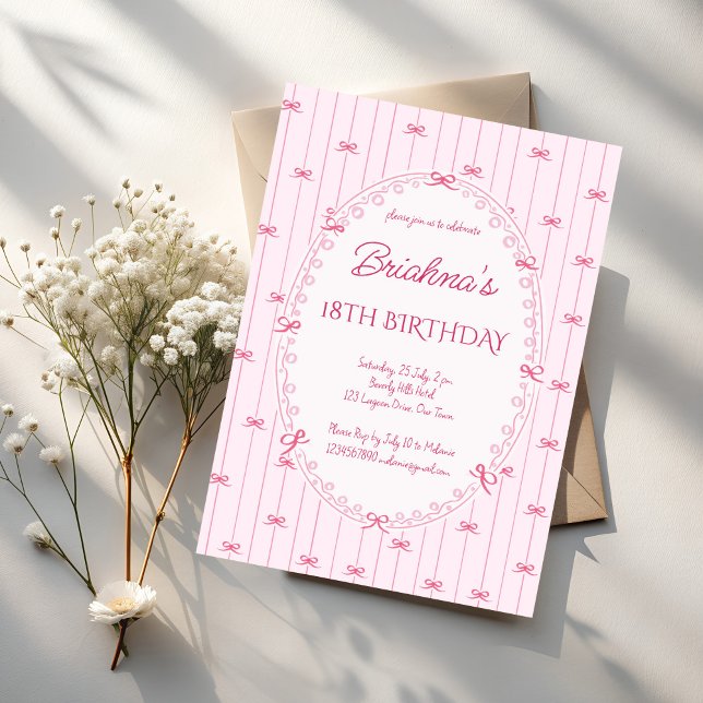 Invitación Fiesta de cumpleaños rosa preppy dibujada a mano (Pink preppy hand drawn ribbon border birthday party invitation cards template)