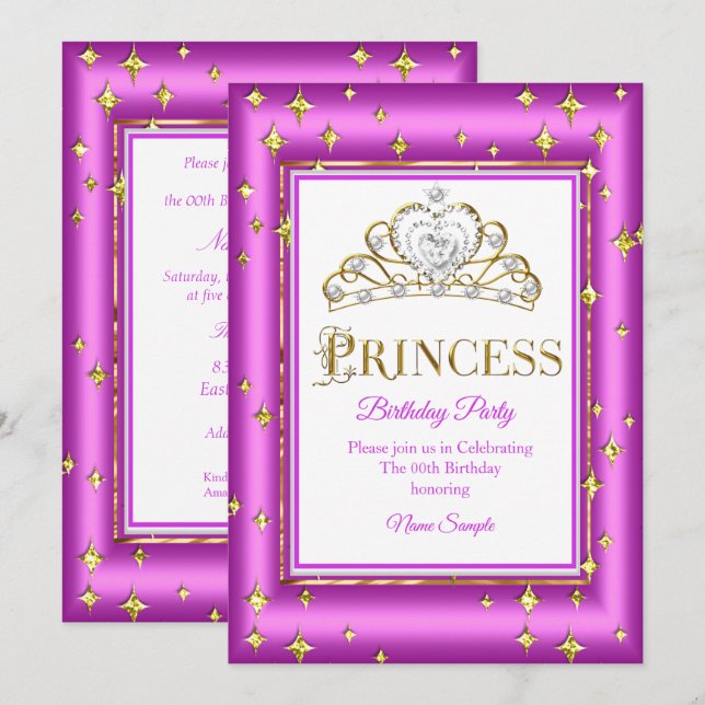 Invitación Fiesta de Cumpleaños Rosa Purpura Princesa Dorada (Anverso / Reverso)