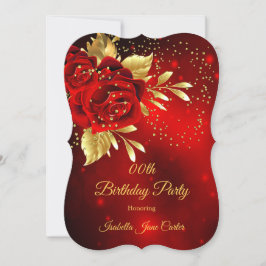 Invitación Fiesta de Cumpleaños Rosa Roja Floral Dorada Hermo