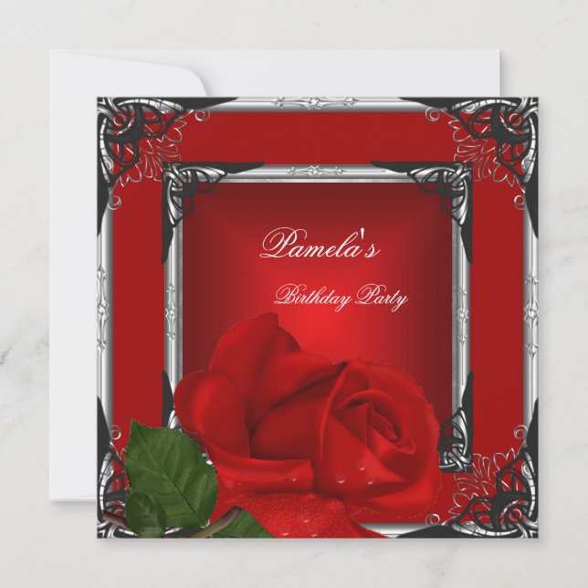 Invitación Fiesta de Cumpleaños Rosa Roja Plata Negro (Anverso)