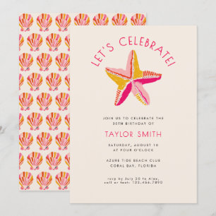 Invitación Fiesta de cumpleaños rosa Starfish Beach negrita y