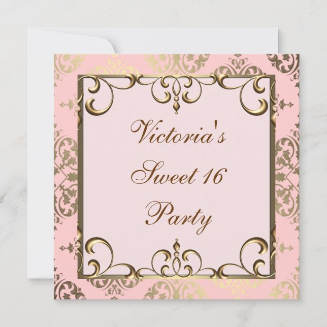 Invitación Fiesta de cumpleaños rosa y dorada (Anverso)