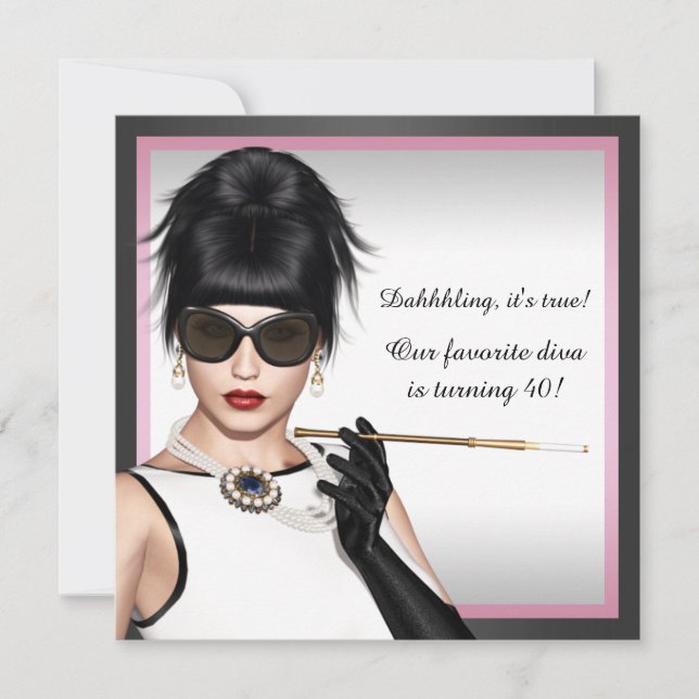 Invitación Fiesta de Cumpleaños Rosa y Negro de Diva Elegante (Anverso)