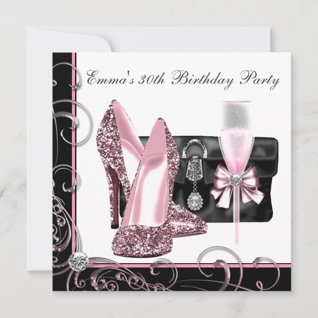 Invitación Fiesta de cumpleaños rosa y negro de mujer (Anverso)
