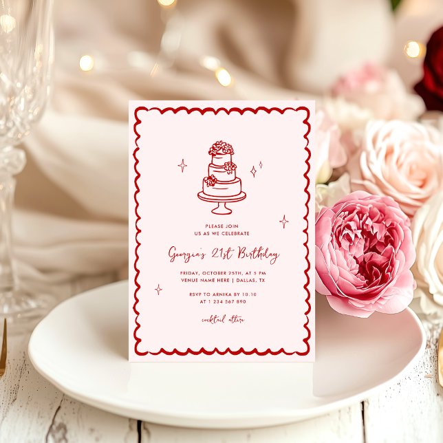 Invitación Fiesta de cumpleaños rosa y roja dibujada a mano (Subido por el creador)