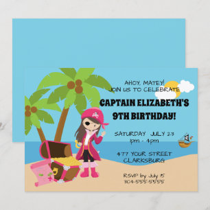 Invitación Fiesta de cumpleaños rosada del chica del pirata