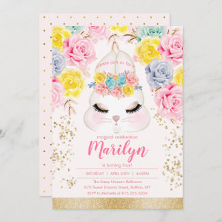 Invitación Fiesta de cumpleaños rosada floral del conejito de