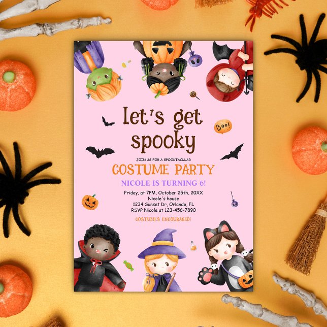 Invitación Fiesta de cumpleaños Rosada Halloween Ropa a los n (Pink Halloween Birthday Party Costume Cute Kids Invitation)
