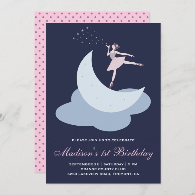 Invitación Fiesta de cumpleaños rosada linda de la bailarina (Anverso / Reverso)