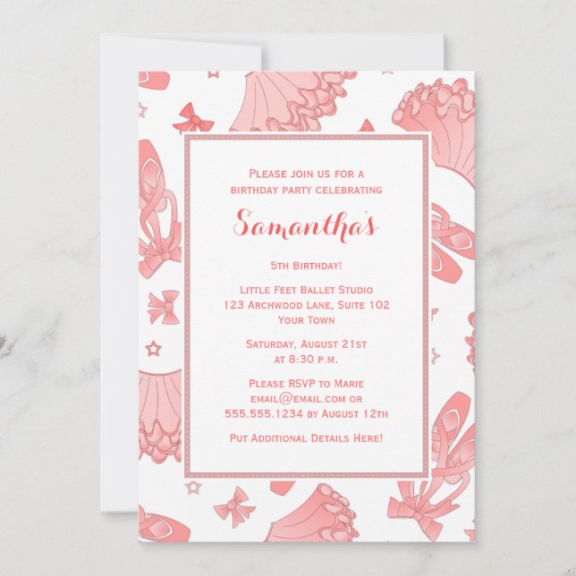 Invitación Fiesta de cumpleaños rosada y blanca (Anverso)