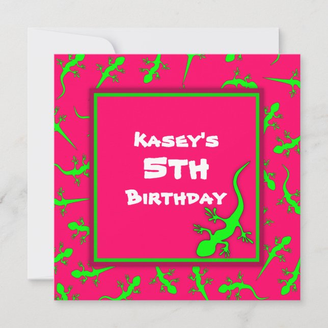 Invitación Fiesta de cumpleaños rosada y verde del tema de (Anverso)