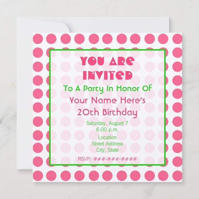 Invitación Fiesta de cumpleaños rosada y verde metálica (Anverso)