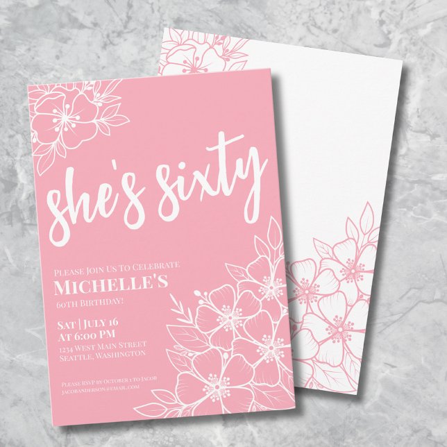 Invitación Fiesta de cumpleaños Rosado 60 (Elegant Sixty Pink 60th Birthday Party Invitation)